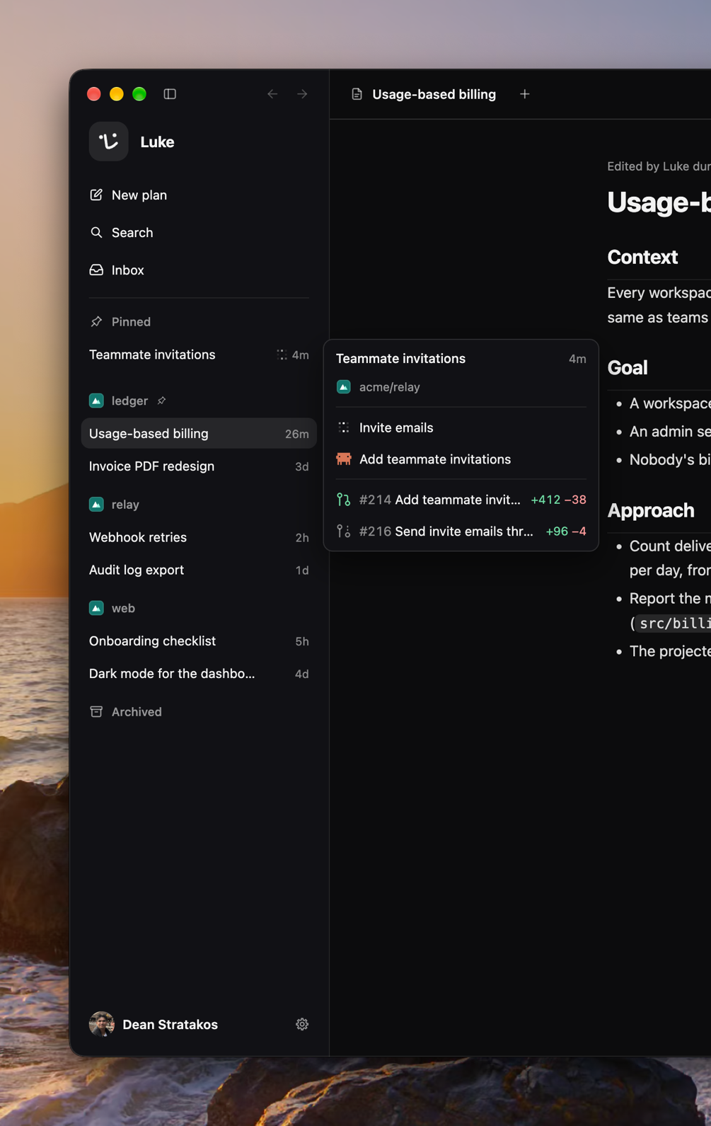 The sidebar with a pinned plan and a pinned repository, plans grouped by repository with when each last changed, and a pinned plan's card listing its coding agents and their pull requests.
