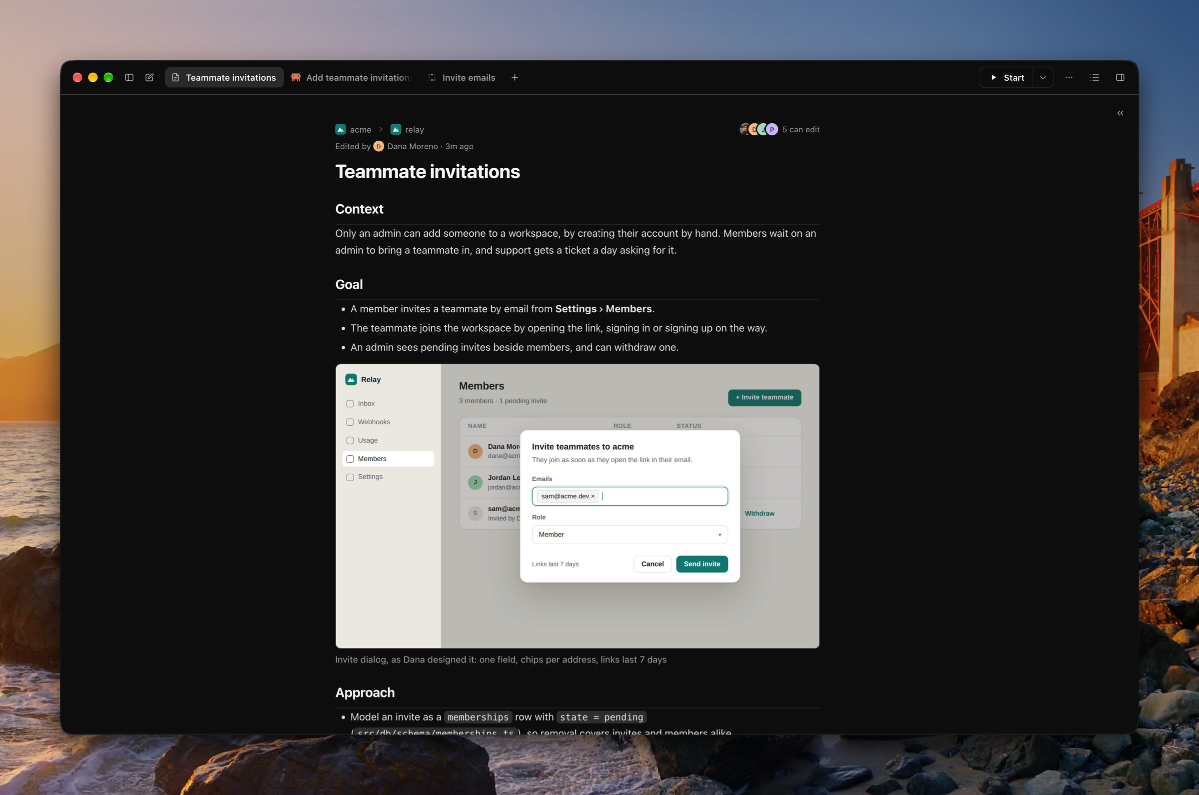 The Teammate invitations plan over the whole window, its Goal holding Dana's design of the invite dialog as a picture with its caption under it.